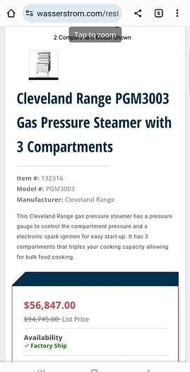 Used Very Nice CLEVELAND PGM3003 Gas Pressure STEAMER
