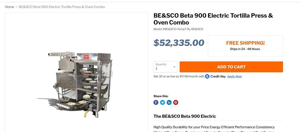 Used BE&SCO BETA 900 E Electric Tortilla Press and Oven Combo