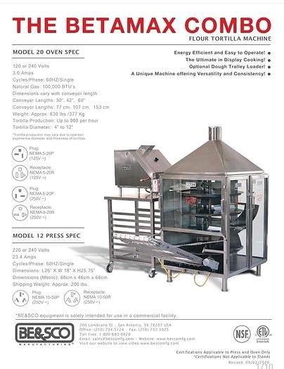 Used BE&SCO BETAMAX Tortilla Press and Oven Combo Besco