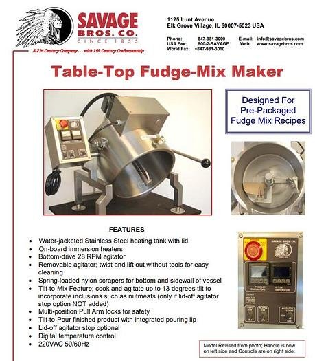 Used SAVAGE Bros Model 0937 Countertop Fudge Mixer Mixing Kettle