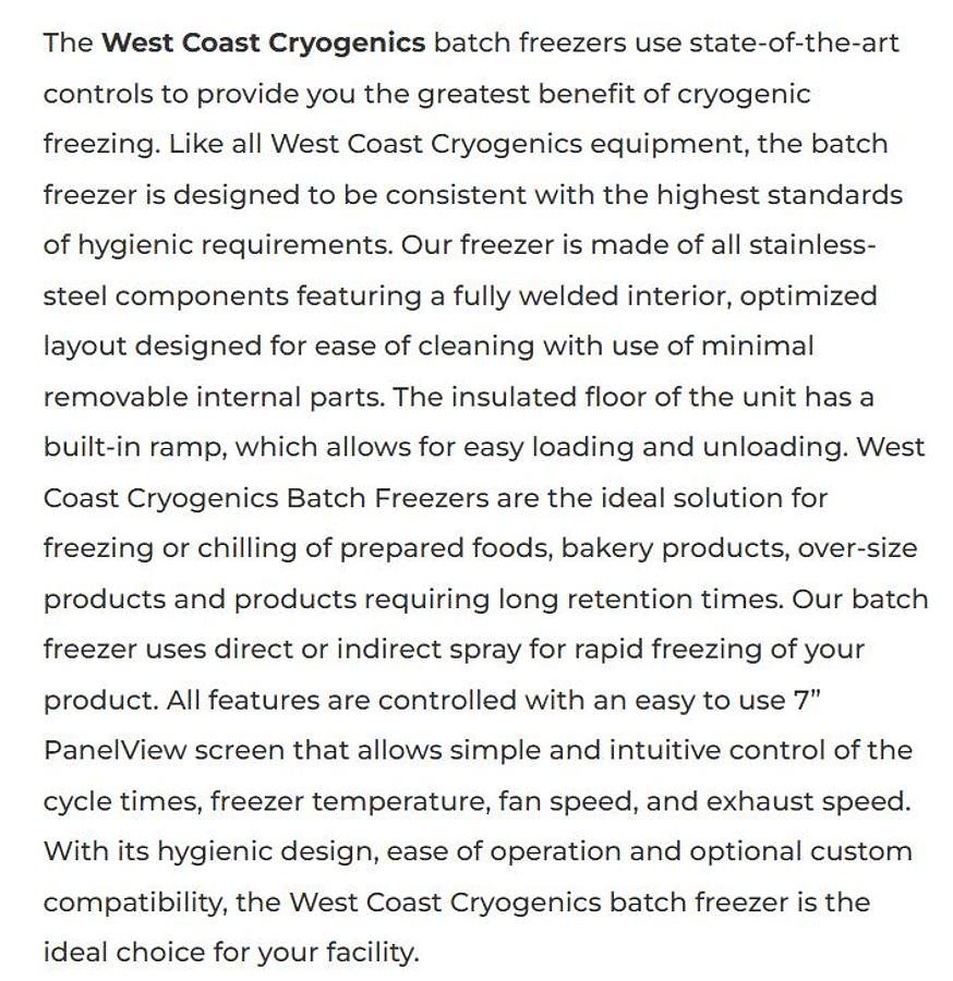 Used West Coast Cryogenic Services PLC BATCH FREEZER