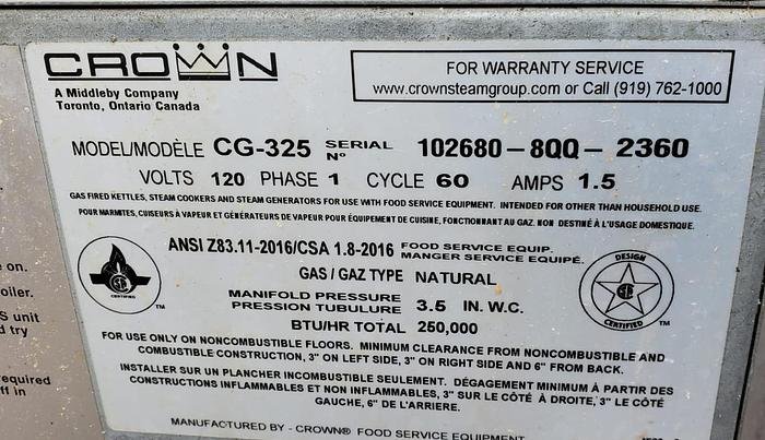 Used CROWN CG-325 Steam Generator Natural Gas Groen